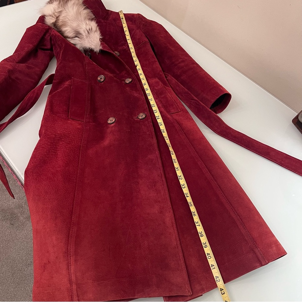 SIMPSONS Penny Lane Genuine Suede Leather Coat Real Fur Collar Belted Long Coat - Picture 15 of 16